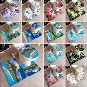 3Pcs Flower Butterfly Bathroom Mat Non-Slip Toilet Rug Toilet Lid Cover Bath Mat - Picture 1 of 21