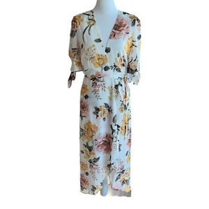 Esther & Co Louise Floral Midi Full Wrap Dress Size S Yellow Cream Lined NWT - Picture 1 of 13