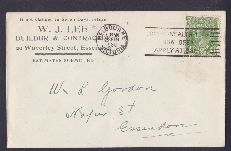 1930 KING GEORGE V 1d PRE-DECIMAL STAMP WJ LEE BUILDER COMMERCIAL COVER #B163 - Image 1 of 1