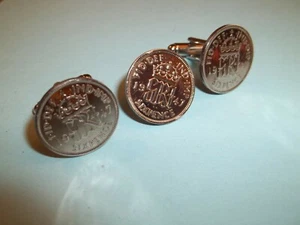 SIXPENCE COINS - SILVER CUFF LINKS & TIE / LAPEL PIN SET - 1947 to 1967 - Picture 1 of 9