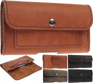 HANDCRAFTED LEATHER WAIST POUCH CASE COVER WITH 2 CARD POCKETS FOR MOBILE PHONES - Picture 1 of 53