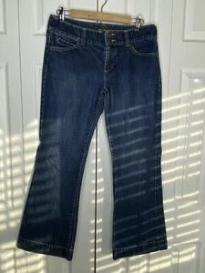 Eddie Bauer Jeans Women's Flair Med Blue Denim Flap Pocket Mid Rise Sz P10 - Picture 1 of 4