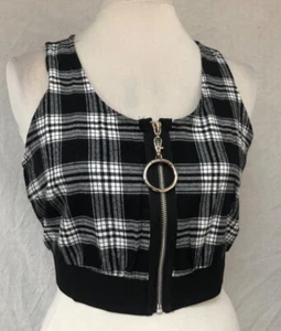 Cropped Black Tartan Zipper Top Cute Punk B girl - Picture 1 of 3