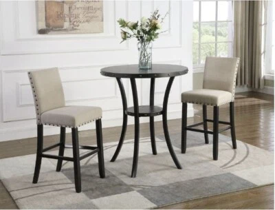 Beige 3-Piece 36 in Round Espresso Bar Table with 2 Bar Stools Dining Chairs Set - Image 1 of 4
