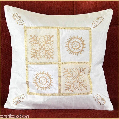 WHITE SILK GOLD BLOCK PRINTING PILLOW COVER/CUSHION COVER FROM INDIA!! - Image 1 of 4