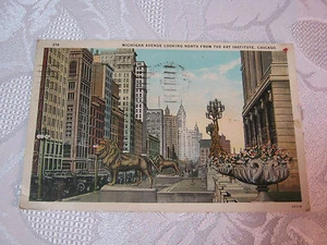 Vintage Postkarte Michigan Avenue Chicago Löwe Statuen alte Autos - Bild 1 von 2