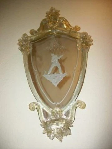 ITALIAN VENETIAN MURANO GLASS ETCHED MIRROR FRENCH PIERROT SHIELD ART DECO 1920s Cover