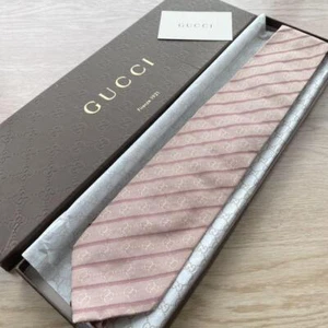 Excellent Used GUCCI TIE Authentic No Box Gg Pattern Striped Pink - Picture 1 of 6