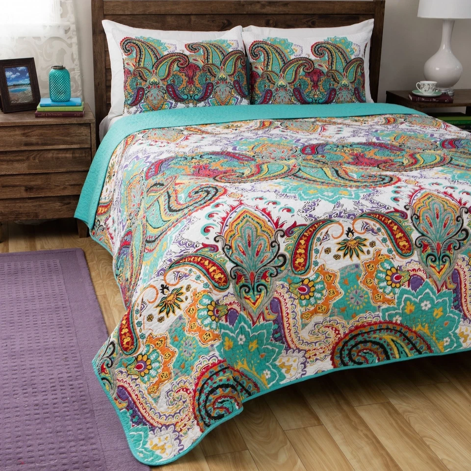 QUALITY BEAUTIFUL TROPICAL EXOTIC BLUE TEAL AQUA PURPLE YELLOW TURQUOISE RED QUILT SET