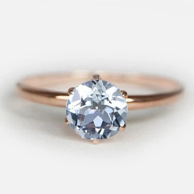 Anillo de boda redondo de oro rosa de 14 k con piedras preciosas de aguamarina natural de 1,10 quilates para mujer j772 Foto 1 de 4