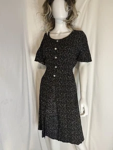 Vtg 90s Maxi Prairie Dress Betsy Lauren Cottage  Black Floral Tie Back Womens - Picture 1 of 10