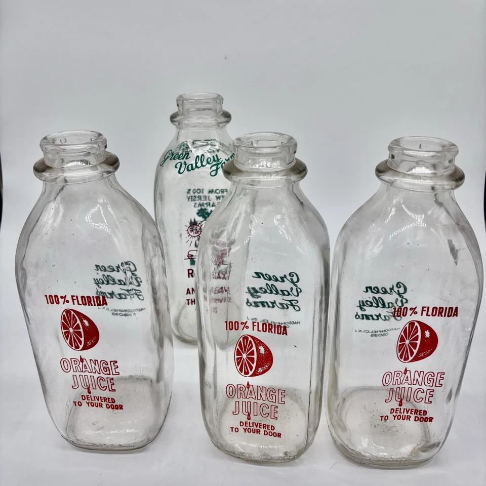 4 botellas de vidrio vintage de jugo de naranja Florida New Jersey Farms Foto 1 de 4