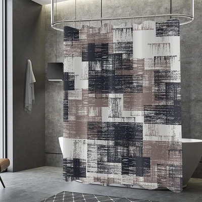 Black and Brown Shower Curtain Plaid Abstract Art with Brushstrokes Image Pri... - Image 1 of 4
