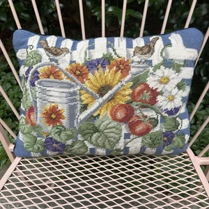 Vtg Needlepoint Pillow Garden Bird Flower Tomato Water Can Fence Zip Close 10x15 - Picture 1 of 12