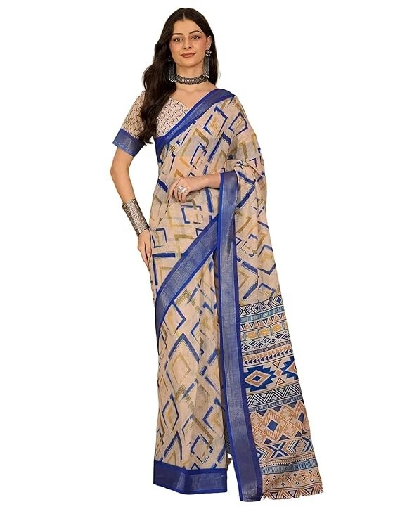 Sari para mujer estampado de lino de un minuto listo para usar con pieza de blusa Foto 1 de 1