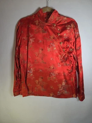 Túnica Top Grúas Asiáticas Rojo Mandarín 100% Seda Hecha a Mano Talla 40/Mediana De Colección Foto 1 de 4