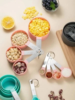 8pcs Measuring Cups and Spoons Set with Stainless Steel Handles Baking Kitchen - Image 1 of 4