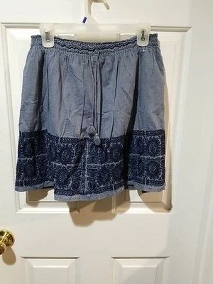 J Crew Zafrina Chambray Blue Cotton Embroidered Elastic Waist Mini Skirt Size S - Image 1 of 4