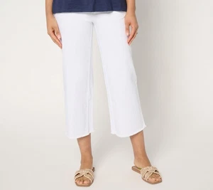 Belle by Kim Gravel Petite TripleLuxe Twill Wide Leg Crop Pants with Fray White  - Picture 1 of 1