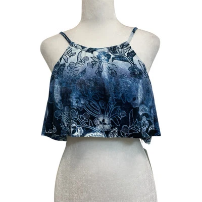 The Bikini Lab Your Own Way Blue Floral Flounce Cold Shoulder Bikini Top sz S - Image 1 of 4
