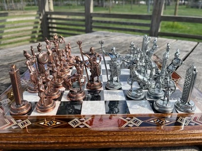 Greek Mythology Metal Chess Set – Handmade Wood Board – Luxury Gift Decor - Image 1 of 4