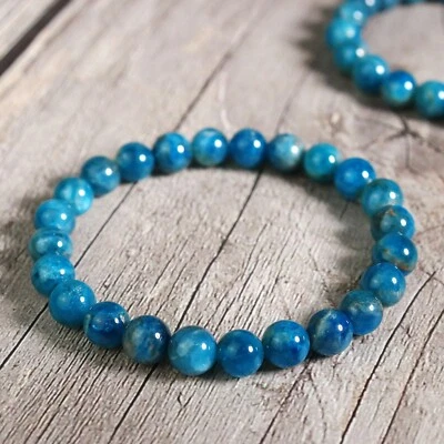 Blue Apatite 6mm Round Beaded Gemstone Bracelet Healing Balance Chakra Reiki - Image 1 of 4