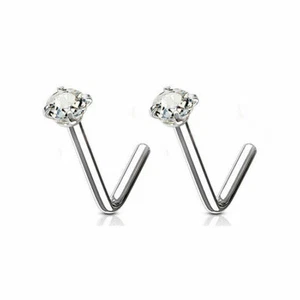 Pair 18G 20G Nose Rings Ring L Shape Bend Prong Crystal Stud Clear 2mm 3mm CZ - Picture 1 of 21