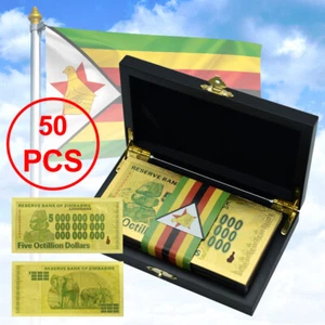 Zimbabwe Five Octillion Dollars Gold Foil Plastic Banknotes 50pcs in Collect Box - Picture 1 of 7