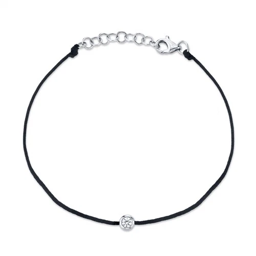 Brazalete solitario de diamantes con bisel de oro blanco de 14 quilates cordón negro redondo natural para mujer Foto 1 de 3