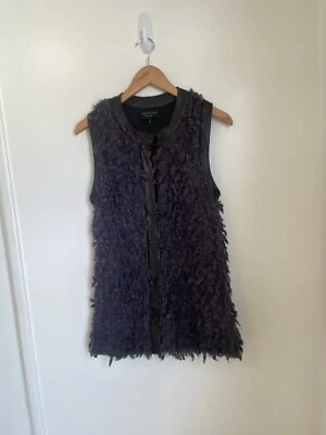 Rag & Bone Wool Sherpa Boucle Shag  Long Vest S Gray Black Leather Trim - Image 1 of 4