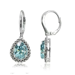 Sterling Silver Blue Topaz Pear-Cut Oxidized Rope Dangle Leverback Earrings - Picture 1 of 3