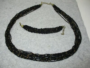Schwarz Gold Multi Strang Glas Rocailles Halskette & Armband Schmuck Set - Bild 1 von 5