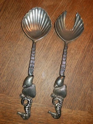 Godinger Vintage Silver Plated Serving Spoon & Fork Set Seahorse Design 11.5" - Image 1 of 3