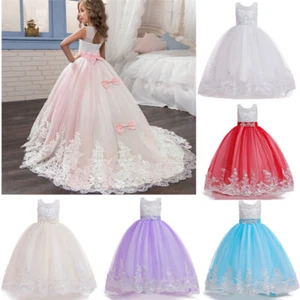 Girls Lace Long Prom Gowns Bridesmaid Kids Dresses Party Dress Kids Princess - Picture 1 of 31