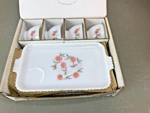 8 vintage Fire King Fleurette Milk Glass Pink Flower Plate & Cup Snack Set w Box - Picture 1 of 12