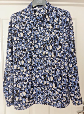 Next Ladies  Size 12 P Shirt / Blouse Blue Black & White Button Back Sleeves - Image 1 of 4