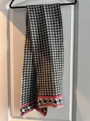 Vintage Anne Klein Black & White Houndstooth Wool Scarf with Red Trim 55” x 9” - Image 1 of 4
