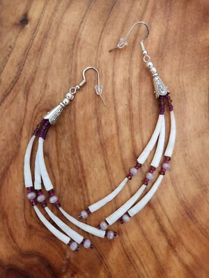 Handmade Dentalium Earrings with Assorted Purple Beads - Image 1 of 4