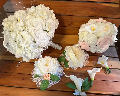 NUEVO Paquete de Ramo de Boda-Blanco, Rosa, Hortensia, Calla Lily 7 PC. Juego de ramos Foto 1 de 4