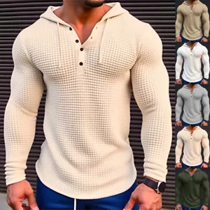Mens Long Sleeve Waffle Hooded Pullover Hoodies Solid Sport Casual Blouses Tops - Picture 1 of 22