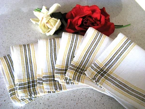 Vintage Set of 4 Linen Luncheon Napkins Yellow/Black Stripped Borders - Picture 1 of 4