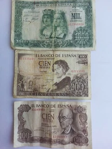 SPAIN 1000 PESETAS (1957) AND 2 X 100 PESETAS (1965 & 1970) CIRCULATED BANKNOTE - Picture 1 of 2