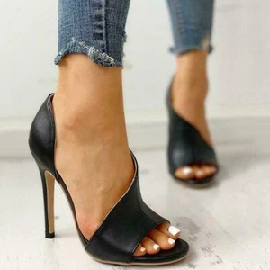 Womens Black PU Leather Open Toe High Heels Sandals Stilettos Side Hollow Shoes - Picture 1 of 5