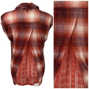 Almost Famous Top Womens XL Plaid Rear Lace Orange Button Up Autumn Cabincore - Picture 1 of 13