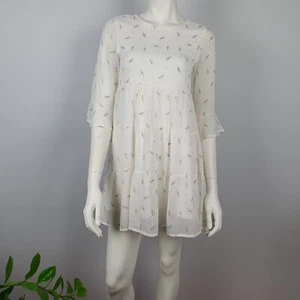 ACW Anticlockwise Size XS Short Tiered Dress White Floral 3/4 Sleeves Round Neck - Bild 1 von 13