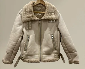 Giacca moto sherpa Michael Kors donna grande ecopelle shearling panna marrone chiaro - Foto 1 di 8
