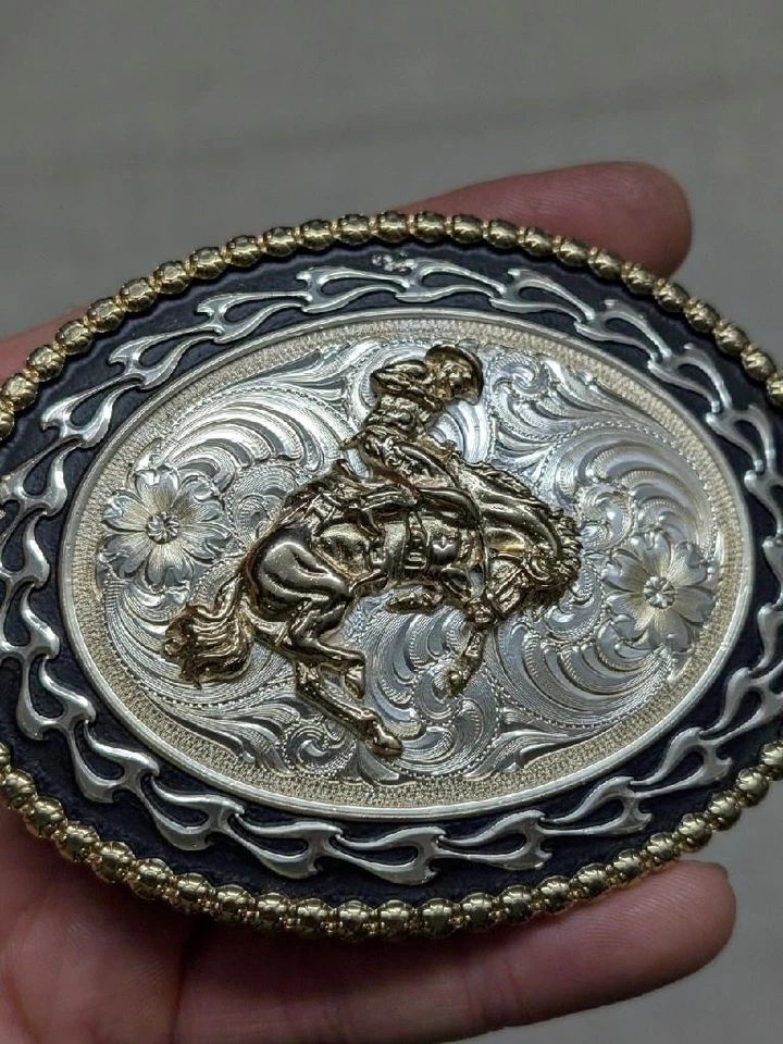 vintage MONTANA SILVERSMITHS engraved RODEO cowboy WESTERN horse bronco - Image 1 of 4