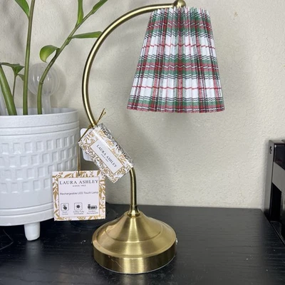 NEW Laura Ashley 14” Lamp Rechargeable LED Touch Lamp with White Plaid Shade - Image 1 of 4