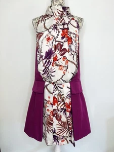 Cue Size 10 Women's Dress Purple White Floral High Neck Sleeveless Peplum - Picture 1 of 13