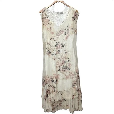Newport News Y2K Dress Fairy Floral Cream Silk Maxi Feminine Romantic Tiered 8 - Image 1 of 4